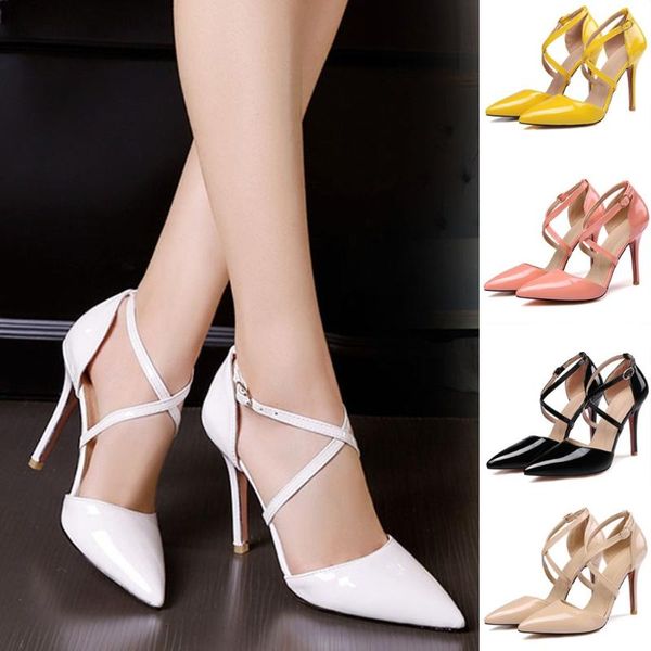 

women shoes high-heeled sandals summer cross straps pointed toe party high heels leather sandalias mujer 2021, Black