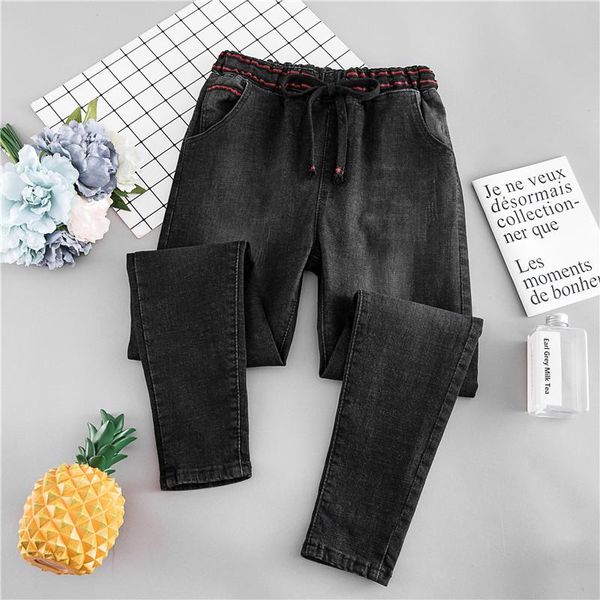 

women's jeans plus size high waist autumn fat mm large pants were thin elastic tie black trousers # 1923, Blue