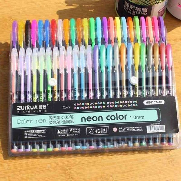 48/36 Color Gel Pen Set Refills Metálico Pastel Neon Glitter Esboço De Desenho De Cor De Cor De Papel Escola Marcador Para Crianças Presentes 210330