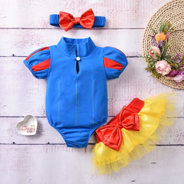 

girls cartoon pricness clothes set summer toddler outftis baby short sleeve fairytale infant romper+yellow gauze skirt 3pcs suits s1002, White