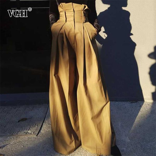 

vgh elegant streetwear style women full length pant high waist loose ruffles pleated wide leg pants for female fashion clothing 211007, Black;white
