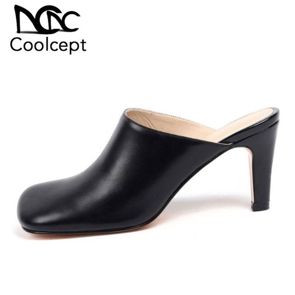 

coolcept real leather women sandals square toe solid color shoes slip on outdoor slippers sweet casual footwear size 34-39, Black