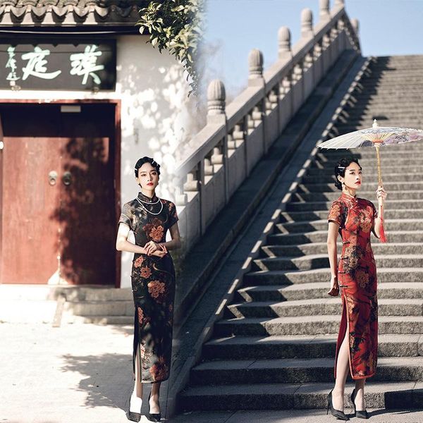 

chinese style cheongsam female noble classical dress summer retro stand collar tang suit size -4xl ethnic clothing, Red