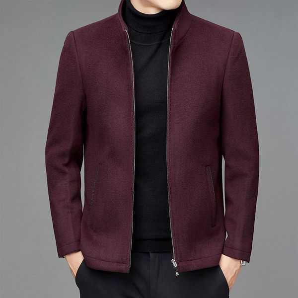 

men's jackets 2021 winter casual solid color zipper stand collar woolen jacket youth business, Black;brown