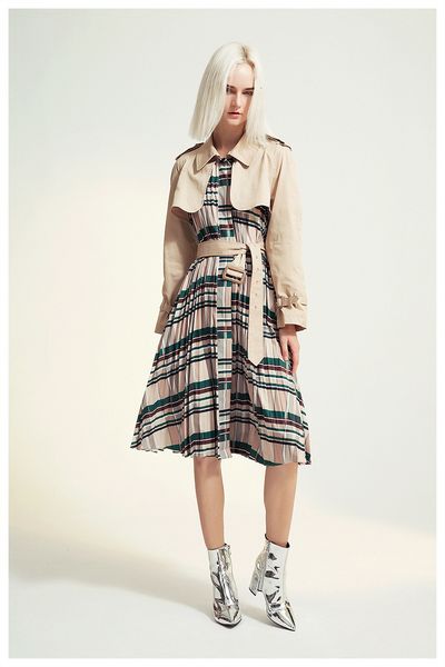 

black autumn winter fashion clothes women jackets outerwear khaki colot patchwork plaided trench high waist belts female windbreaker, Black;brown