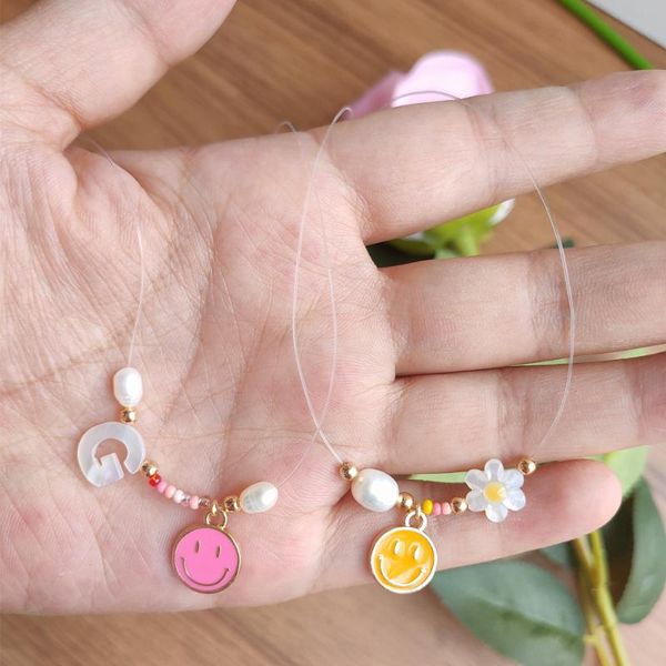

pendant necklaces fashion smile with letter /flower daisy transparent invisible line mother of pearl choker necklace for women luxury jewelr, Silver