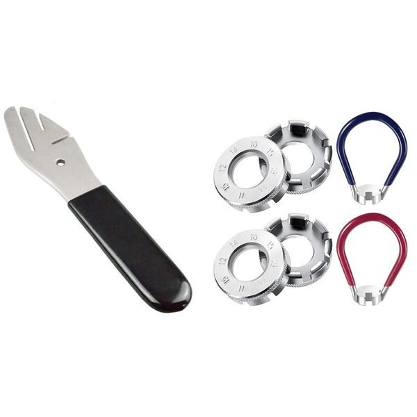 

tools 6 pieces bicycle spoke wrench cycling pocket kit with bike disc brake rotor alignment truing tool