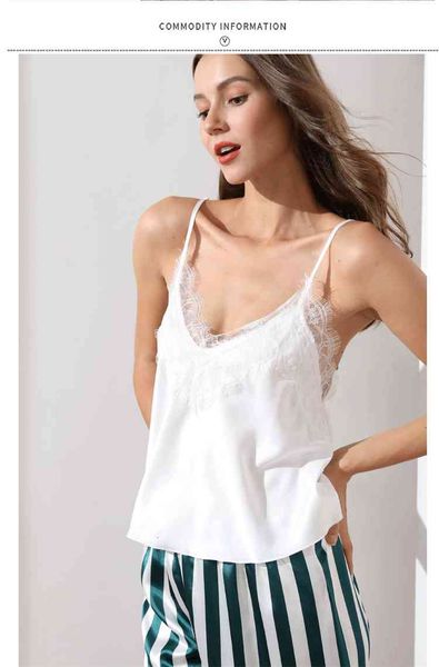 

women's sleepwear european women pajamas set silk backless vest + striped long pant two piece sets fashion summer suit pyjamas femme bi, Black;red