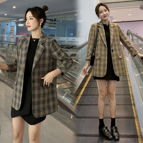 

women's suits & blazers real shooting spot fried street lattice suit coat 2021 spring and summer korean loose casual, White;black
