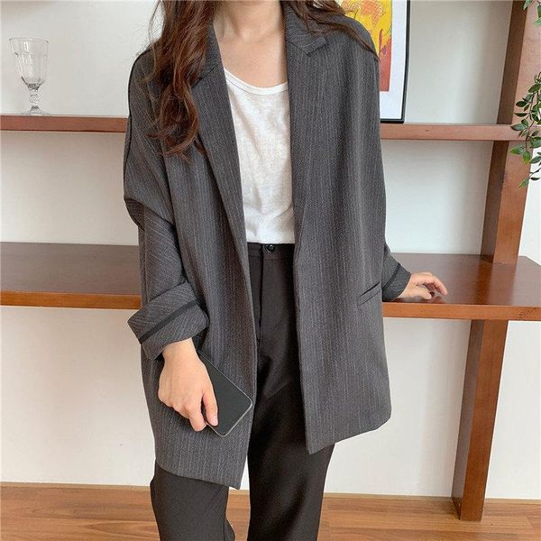 

hzirip 2021 striped feminine high street loose plus size slender office lady casual autumn women elegant all match blazers women's suit, White;black