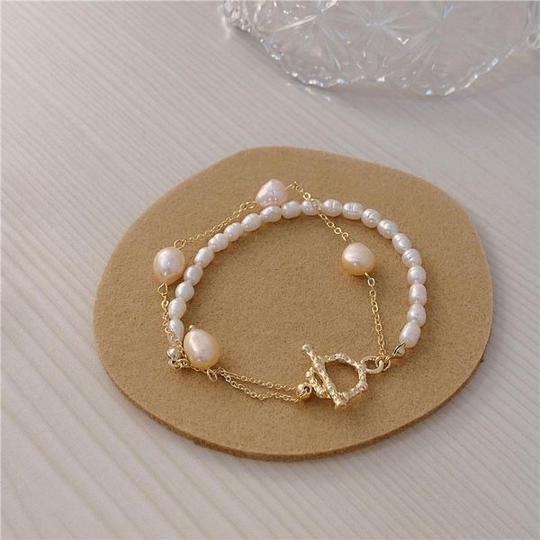 

beaded, strands 2021 baroque freshwater pink pearl double bracelet female creative fashion fresh temperament small bead jewelry, Black