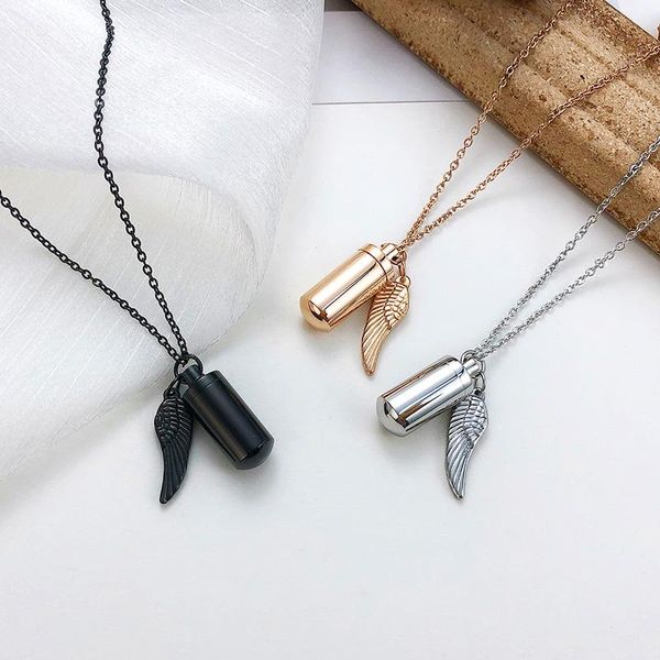 

pendant necklaces urn necklace for ashes with angel wing charm cylinder eternity stainless steel women cremation jewelry, Silver