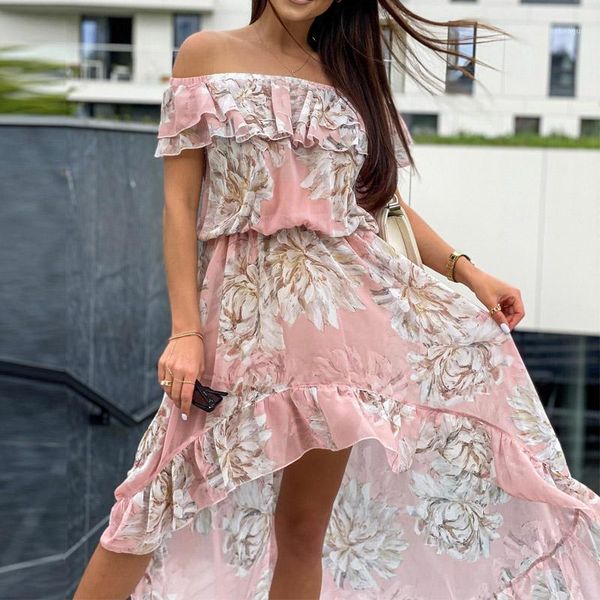 

casual dresses women summer off shoulder ruffle irregular dress elegant floral print party slash neck elasic waist slim beach, Black;gray