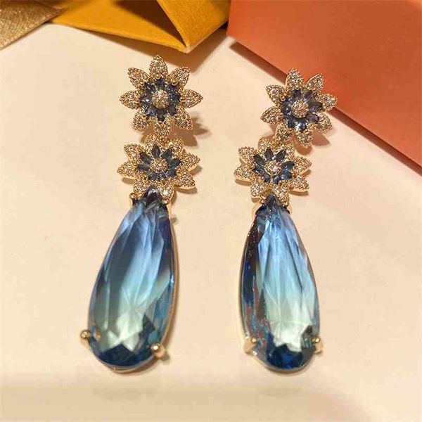 

fashion flower blue cz long big drop earring for women wedding bridal gift jewelry 210625, Silver