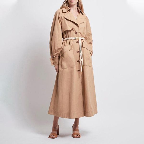 

trench lapel women slim tie button long over-the-knee coat women's coats, Tan;black