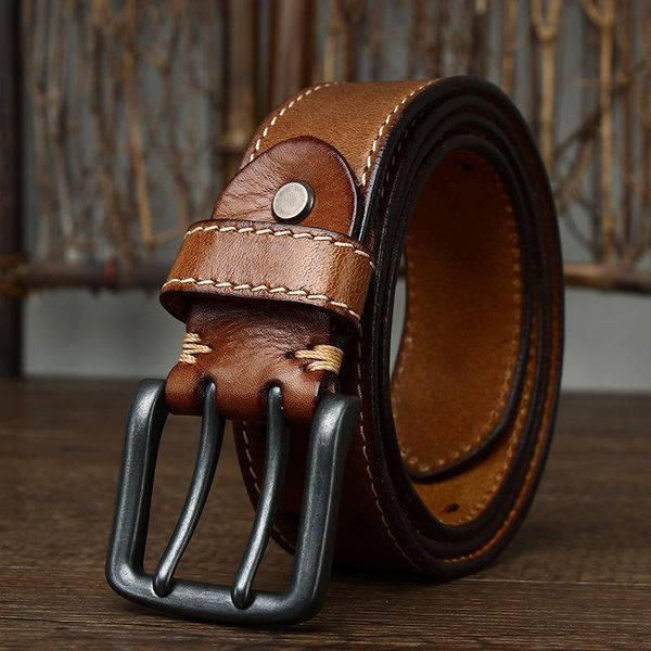 Cinture Cintura da uomo vintage larga 3,8 cm Pelle bovina Vera pelle Nero Doppio ago Fibbia Filo Jeans Moda cinturino maschile