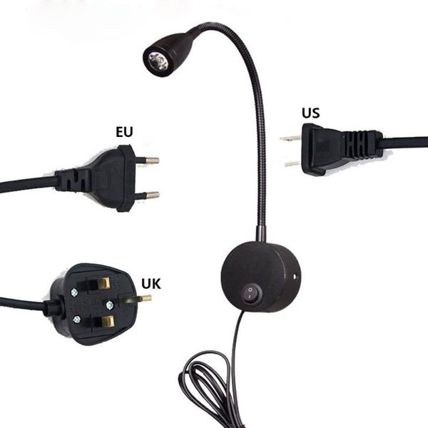 

black silver led wall lamp ac100-240v with us uk eu plug switch flex neck bathroom spotlight 3000k 6000k reading light