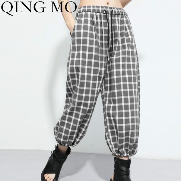 

women's pants & capris qing mo summer women plaid 2021 high elastic waist trousers female ankle length harlan zqy4208, Black;white