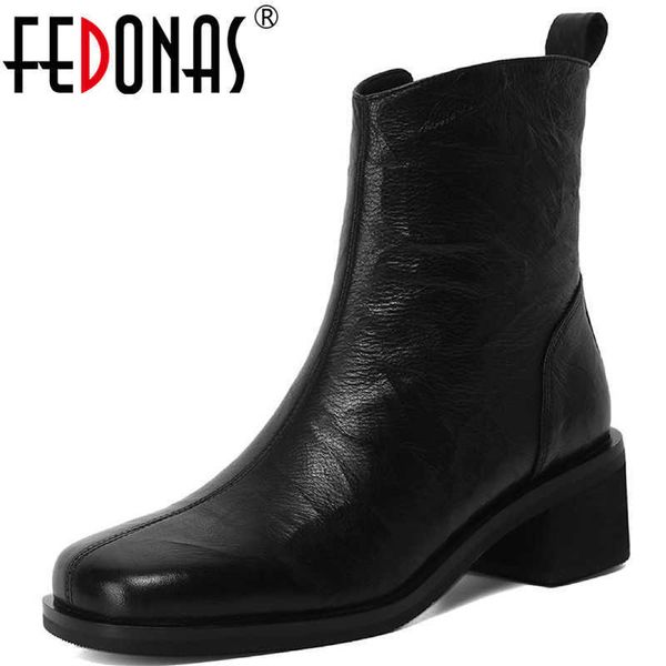 

women fashion winter boots genuine leather square toe shoes for side zipper thick heels est 210528, Black