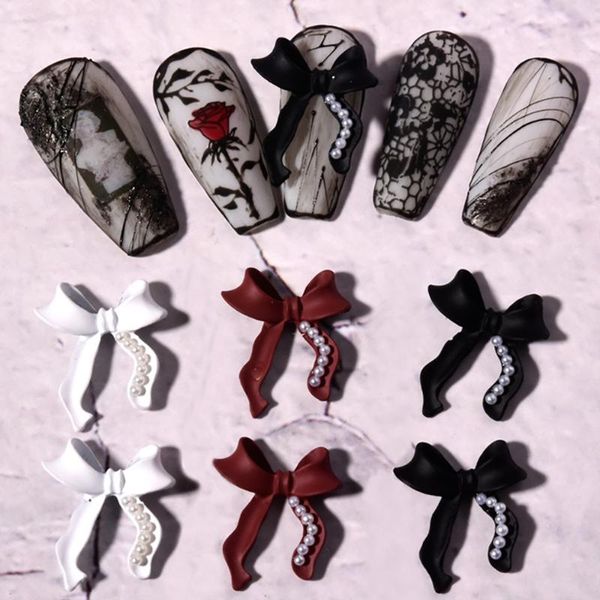 

nail art decorations 5pcs matte alloy ribbon manicure accessories decoration bowknot jewelry pearl bow ornament, Silver;gold