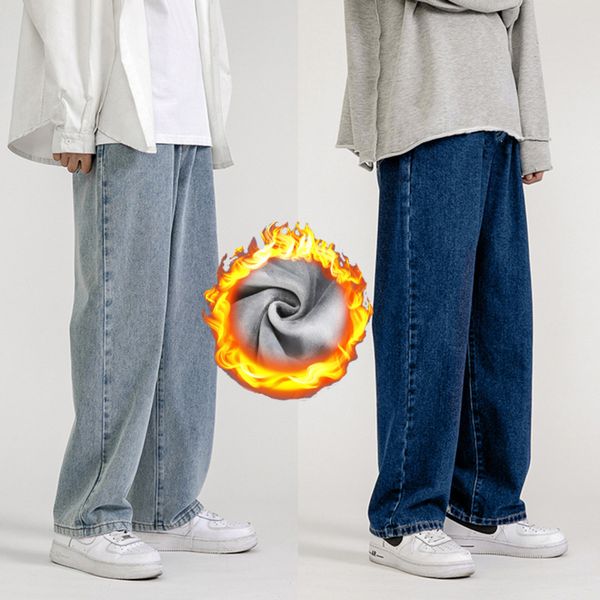 

men's flannel casual jeans, korean street cloth, hip hop, winter straight and loose jeans, Blue