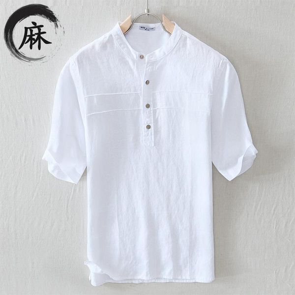 

summer men's casual solid color linen stand collar short sleeve shirt teenagers breathable pullover t-shirts, White;black