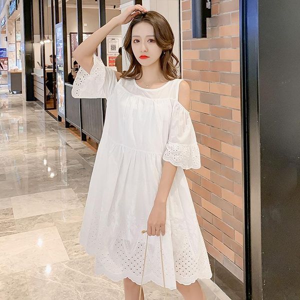 

maternity dresses 162# dress summer short sleeves hollow shoulder o neck plain color loose stylish pregnant women mom, White