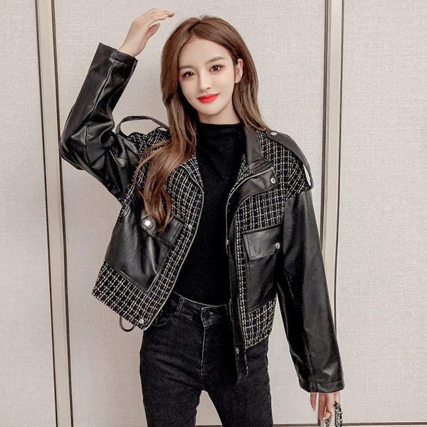 

women's leather & faux 2021 autumn winter plus velvet plaid stitching pu jacket female korean loose womens short overcoat trend e146, Black