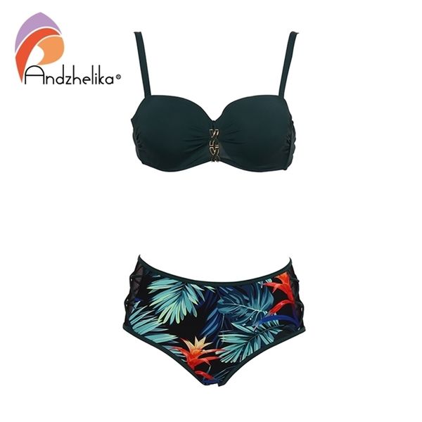 Andzhelika Verde Stampa Bikini Set Fasciatura Delle Donne Della Maglia a Vita Media Bikini Due Pezzi Costumi da Bagno 2021 Spiaggia Costumi da Bagno Costumi da Bagno 210319