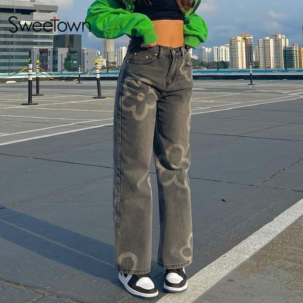 

women's jeans sweetown 90s vintage high waist mom floral graffiti y2k wide leg denim trousers harajuku korean fashion women streetwear, Blue