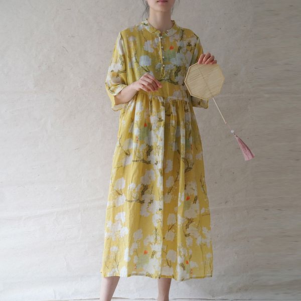 

johnature summer cotton linen retro floral print fashion dress loose comfortable stand three quarter sleeve women dress 210521, Black;gray