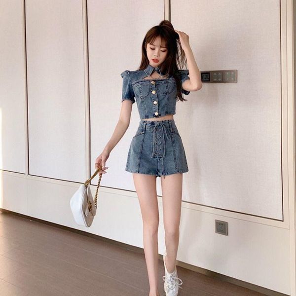 

women's tracksuits summer net celebrity careful machine anchor hollow short + high waist tie shorts washed denim suit, Gray