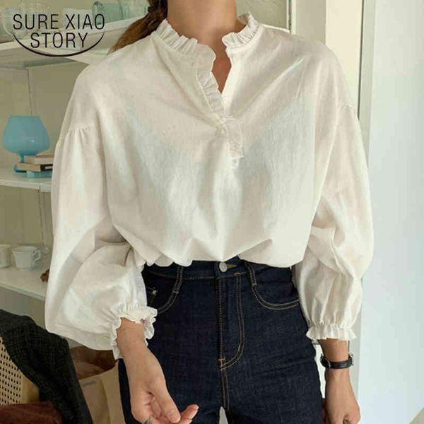 

casual plus size female clothing fashion cotton lantern sleeve women shirts pullover solid white ladies blouse 12532 210415