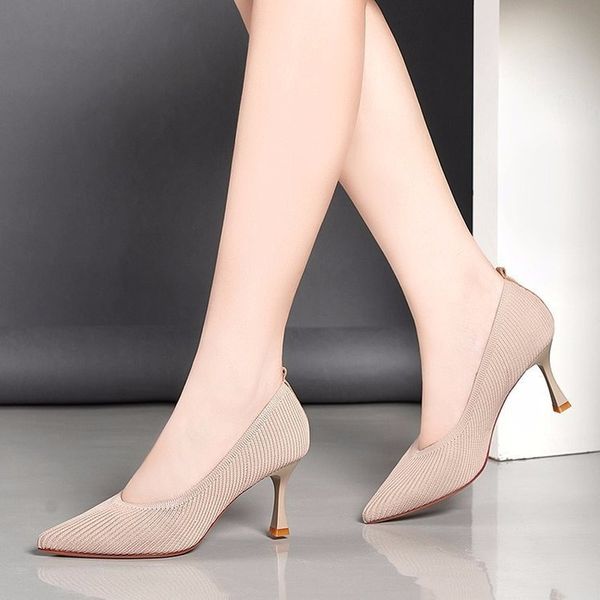 

comfort pointed toe pumps 2021 spring summer women shoes high heels slip on female casual shoes solid knitting ladies shoes, Black