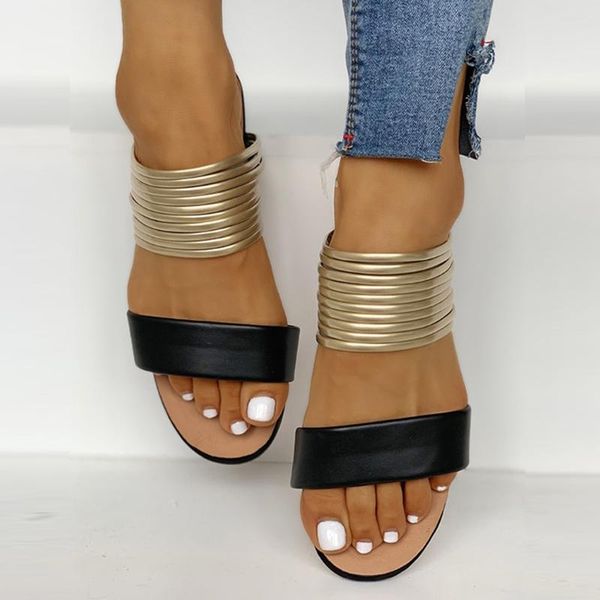 

slippers ribetrini ins women shoes open toe golden slip on casual beach handmade flock, Black