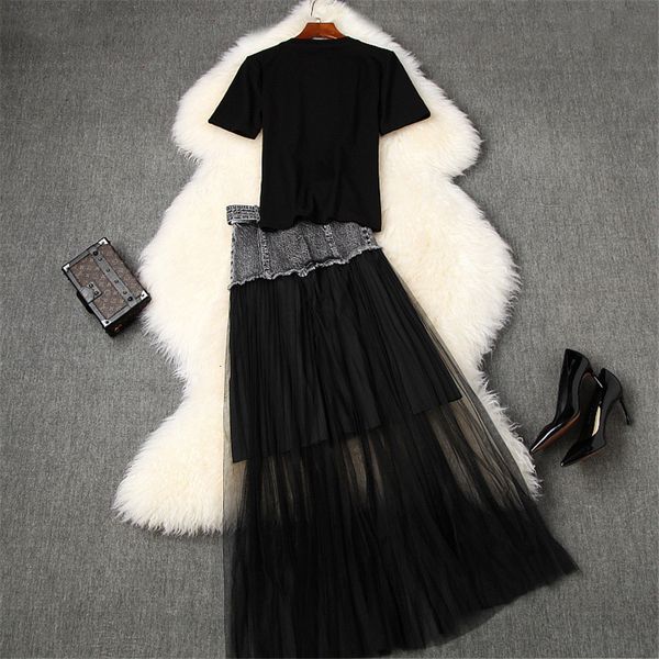 

high fashion summer clothes for women designers piece upper short and midi mesh skirt suits, Black