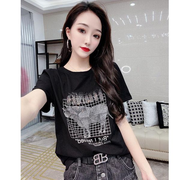 

women's t-shirt 2021 summer heavy drilling trend cartoon cow short sleeve jacket women, White