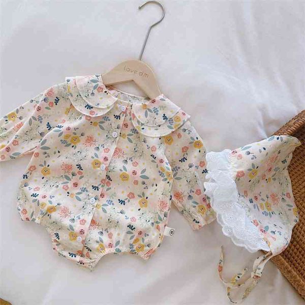 

newborn infant baby girl cotton soft long sleeve bodysuit summer new toddler girls floral printed pattern with lace hat 210413, White
