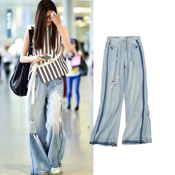 

women's jeans 2021 autumn fashion high waist hole wide leg pants women split woman modis streetwear, Blue