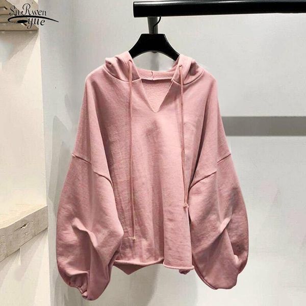 

women's hoodies & sweatshirts 2021 autumn solid casual hoodie plus size loose lantern sleeve sweatshirt women v neck pullover ladies cl, Black