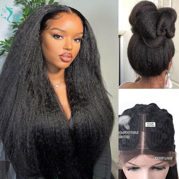 

lace wigs dc kinky straight t part human hair wig pre plucked brazilian remy with baby 13x1 front yaki, Black;brown