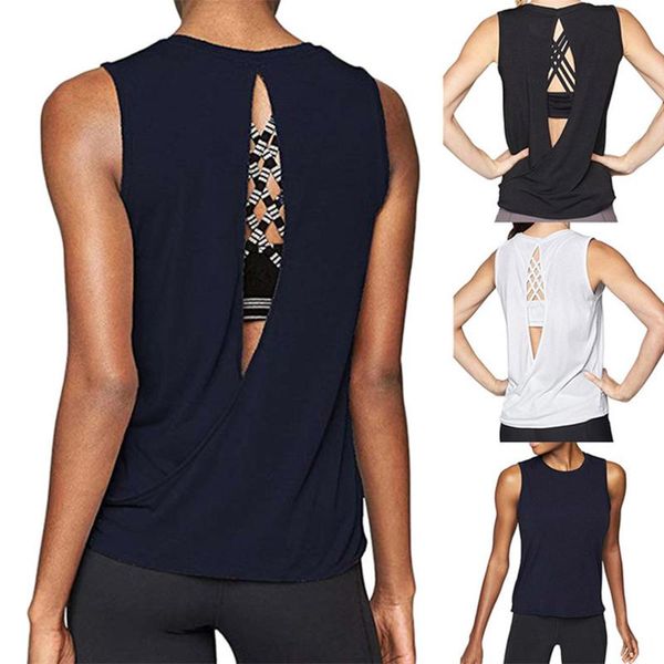 

yoga outfit women open back sport solid shirts tie workout racerback tank fitness shirt #02