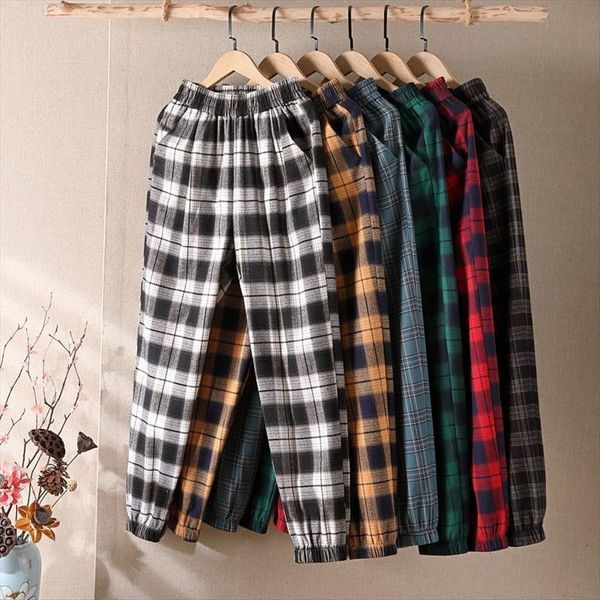 

spring summer trousers casual loose womens pants oversize elastic waist vintage ankle length plaid, Black;white