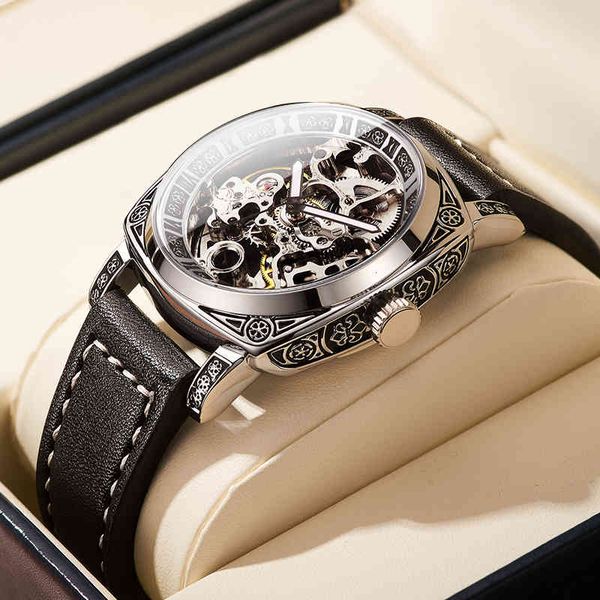 

doit 2021 new men casual watches, luxury automatic mechanical waterproof hollow 's watches, Slivery;brown