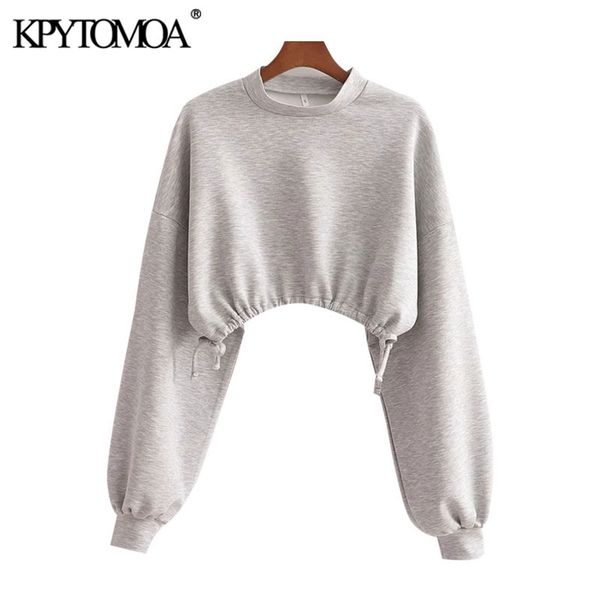 

women fashion with drawstring oversized cropped sweatshirts vintage lantern sleeve female pullovers chic 210420, Black
