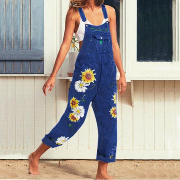 

women's jeans for women european/american ladies printed suspenders maiden big pocket pants overalls mid waisted, Blue