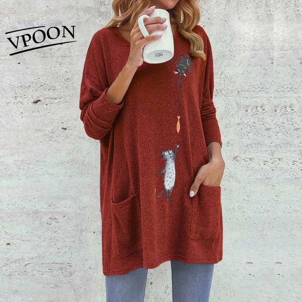 

women's t-shirt cartoon cat print t shirt long-sleeve casual pullover clothes harajuku loose pocket tees plus size, White
