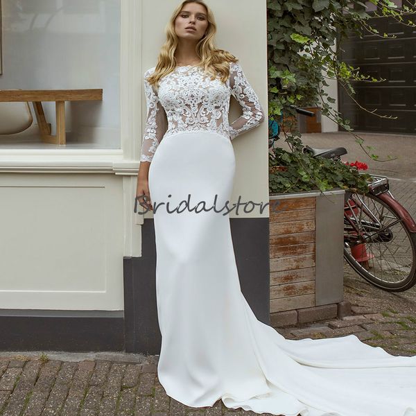 Modisches Spitze-Meerjungfrau-Hochzeitskleid 2021 Langarm Slim Satin Country Brautkleider Rückenfrei Plus Size Garden Bride Partykleider für die zweite formelle Kleidung