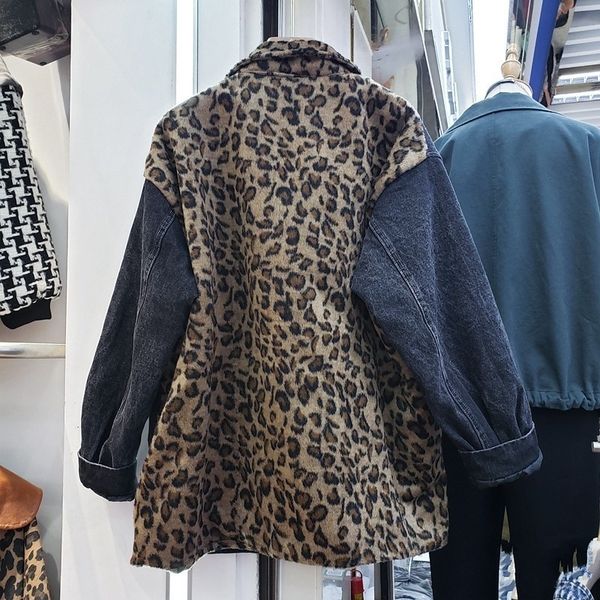

women's jackets leopard print style splice denim female coat autumn wide winter jacket with casual zipper complete outerwear frvy, Black;brown