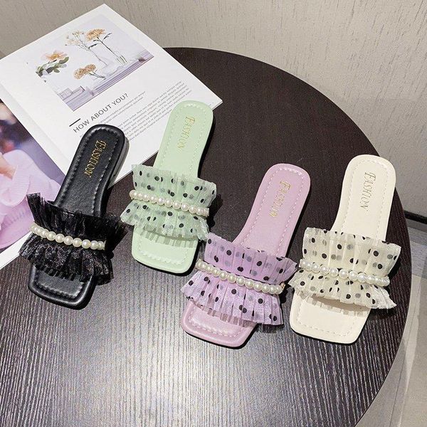 

slippers string bead polka dot mesh women summer shoes woman sandals flip flops celebrity square toe flat pearl slides pantuflas, Black